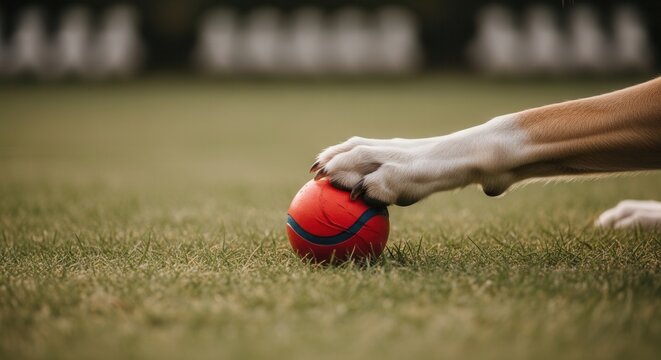 Canine Paw Resting Gently On A Vibrant Red Ball In Lush Green Grass