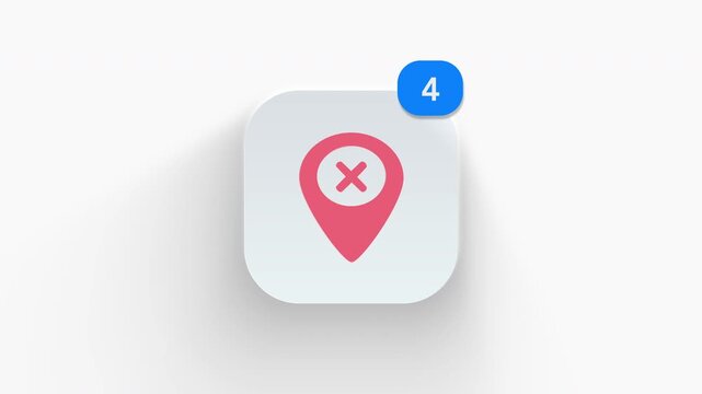 Location pin with cross app icon featuring animated notification badge with counter 1 to 99, dynamic shadow effect, minimalist map marker wrong destination cancel concept, on white background. 