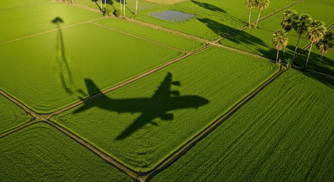 Airplane shadow flies over green rice field landscape aerial view