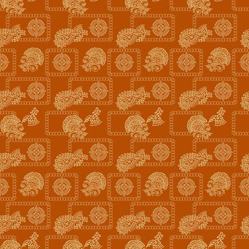 Seamless traditional bandhani ethnic pattern with floral motifs and geometric frames on orange background