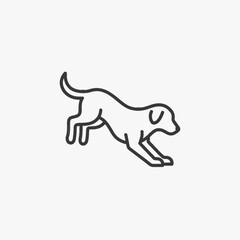 Fototapeta premium Minimalist line art illustration of a dog landing on its front paws after a jump, simple black outline vector style silhouette of a canine in motion on a plain background.