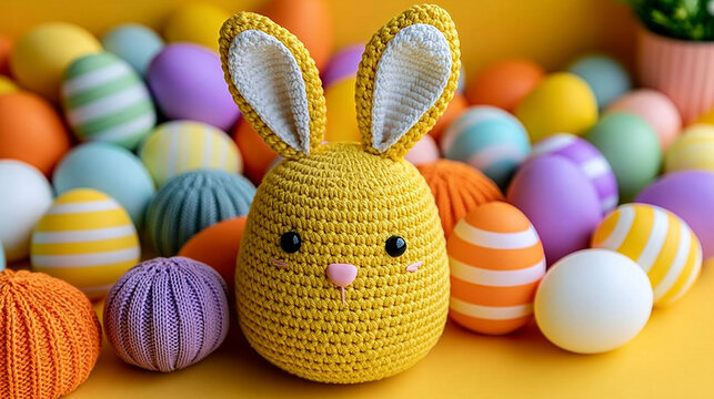 Knitted easter bunny toy surrounded by colorful decorated eggs with colorful, handmade