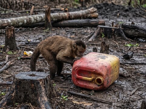 Capuchin monkey inspecting discarded oil canister left by loggers on muddy floor