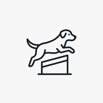 Minimalist black line vector icon of a dog jumping over an agility hurdle obstacle, profile view of a pet leaping in mid-air on a white background for pet training and sports design.