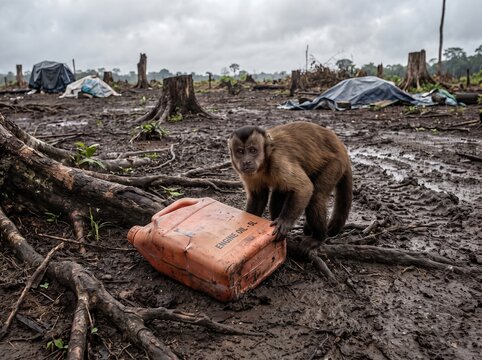 Capuchin monkey inspecting discarded oil canister left by loggers on muddy floor