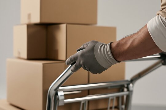 Courier Worker Moving Cardboard Packages with Hand Truck for Delivery Service
