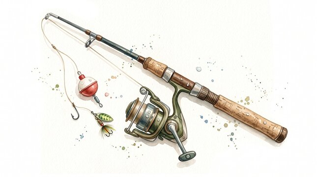 Watercolor illustration of a fishing rod with reel, hook, and bobber on white background.