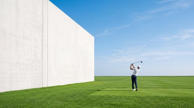 Golfer Hitting Ball Facing Massive Concrete Wall Obstacle