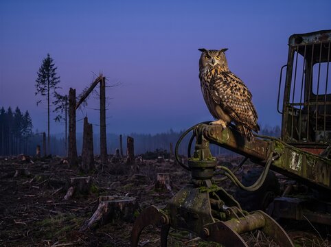 Eurasian eagle owl perched on abandoned logging equipment in deforested woodland