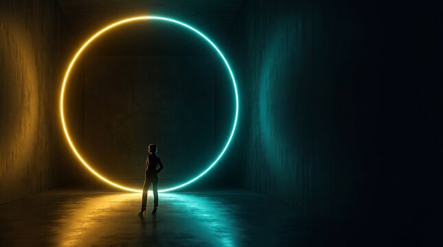 Silhouette of Woman Standing Before Glowing Futuristic Circular Portal