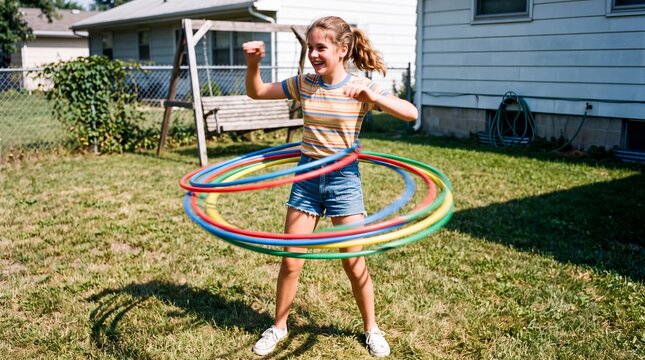 Happy Girl Spinning Multiple Hula Hoops in Backyard