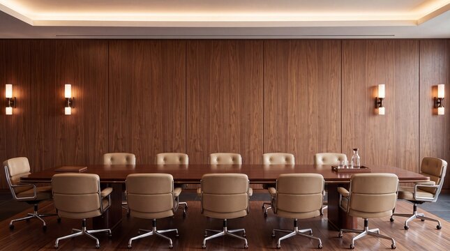 Empty Luxury Corporate Boardroom with Wooden Table and Chairs