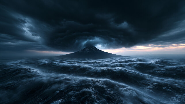 Dramatic Storm Clouds Swirling Over Mountain Island in Rough Ocean