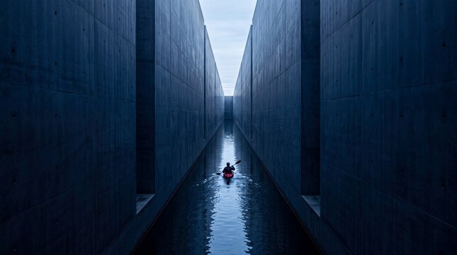 Kayaker Navigating Narrow Canal Between Towering Concrete Walls