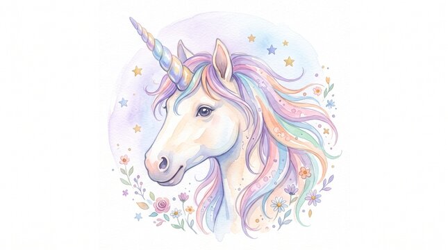 Cute watercolor unicorn illustration with rainbow mane and stars on white background