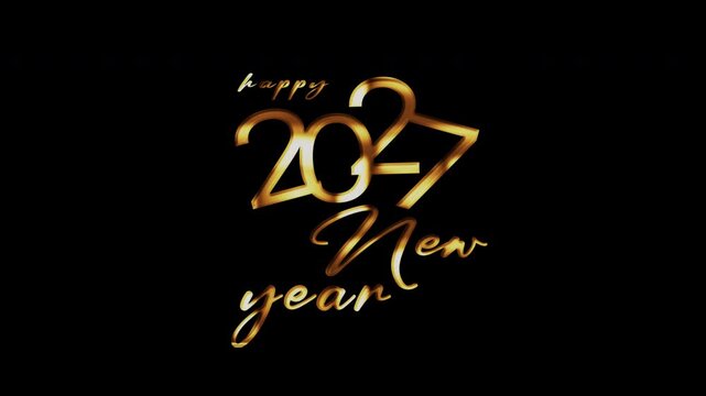 Happy New Year 2027 golden text shine light effect animation on black abstract background. Includes isolated alpha channel for transparent compositing. Exported in Apple ProRes 4444