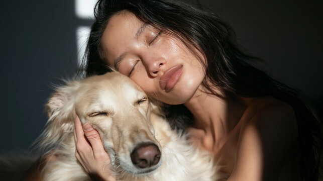 Serene Asian Woman Embracing Her Dog with Eyes Closed