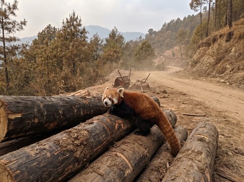 Terrified red panda resting on a pile of illegally harvested timber logs