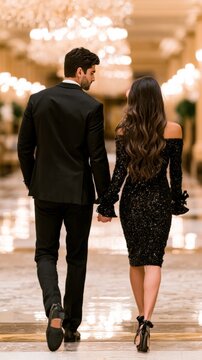 Elegant couple holding hands walking in luxury hotel