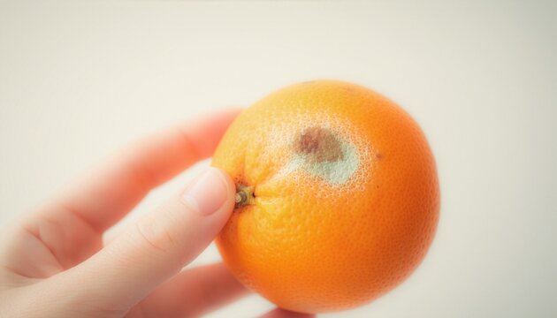 Close-up of fingers examining a partially damaged orange with soft spots and slight discoloration.