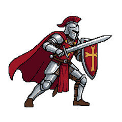 Obraz premium Pixel Art Knight Character in Medieval Plate Armor Holding a Shield and Sword for Fantasy Role Playing Game Sprite Sheet Design