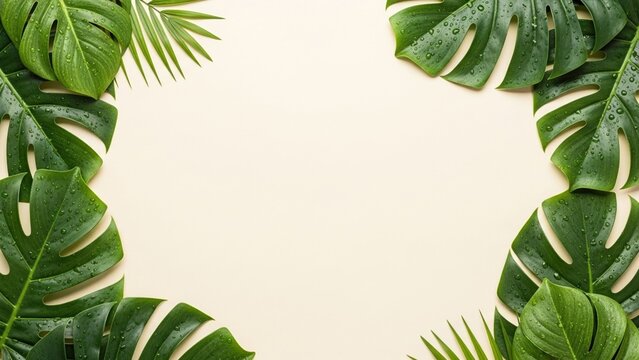 Tropical monstera leaves border frame on beige background