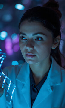 Scientist dna laboratory female researcher analyzing holographic sequences in a high tech medical facility with ambient blue light