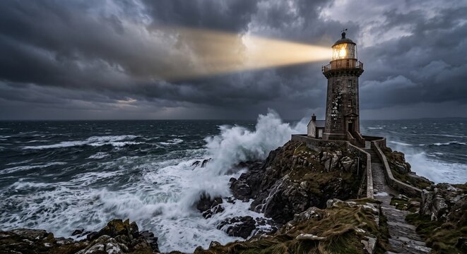 Ancient stone lighthouse standing on a dramatic, craggy cliff during a powerful storm with turbulent crashing waves.
