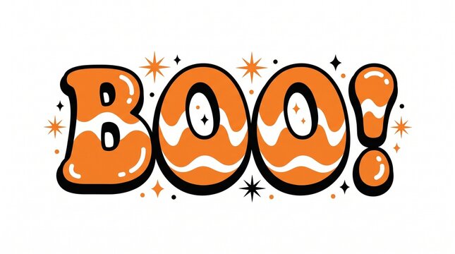 Halloween BOO typography design with orange and white retro bubble letters and star accents