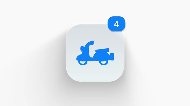 Scooter app icon featuring animated notification badge with counter 1 to 99, dynamic shadow effect, minimalist motor scooter moped delivery vehicle concept, on white background. 