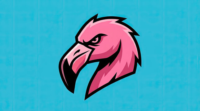 Pink flamingo head mascot logo on blue background.