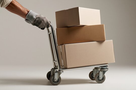 Courier Worker Moving Cardboard Packages with Hand Truck for Delivery Service