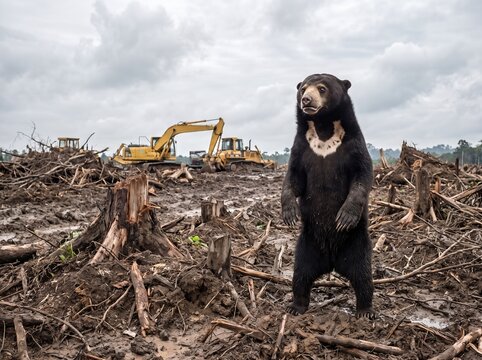 Bewildered sun bear standing in a landscape leveled by logging machinery