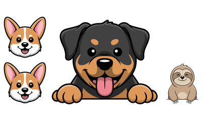 Naklejka premium Cute rottweiler puppy peeking over border with two corgi dog heads and little sloth cartoon animal characters set