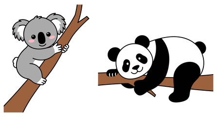 Cute koala bear climbing tree branch and panda bear resting on log cartoon wild animal characters vector set © MdIbrahimIslam