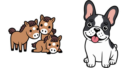 Fototapeta premium Cute little brown pony horses collection and happy French bulldog puppy cartoon animal characters set isolated vector illustration