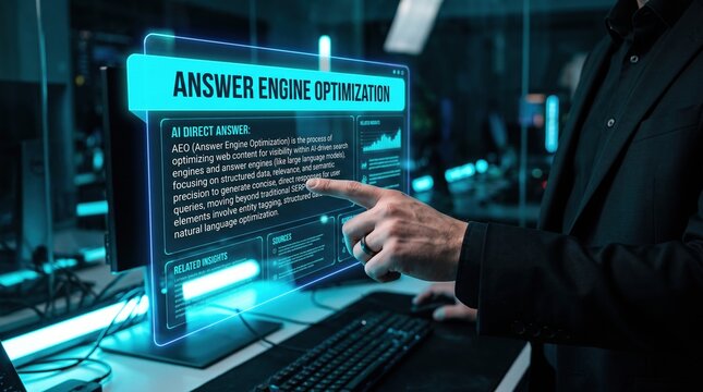 Professional interacting with advanced AI-powered holographic interface, optimizing digital solutions and data processing, envisioning the future of intelligent information systems and innovation