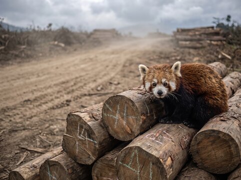 Terrified red panda resting on a pile of illegally harvested timber logs