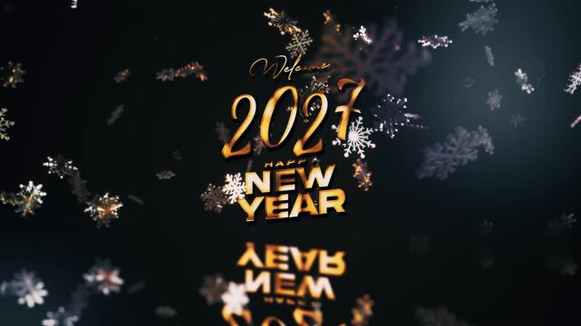 Welcome 2027 Happy new year golden text shine light effect animation cinematic title on black abstract background.