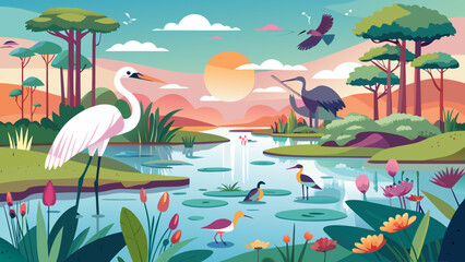 Naklejka premium Flat vector illustration of a serene wetland landscape at sunset featuring cranes, a white egret, water lilies, and tropical trees by a peaceful lake.