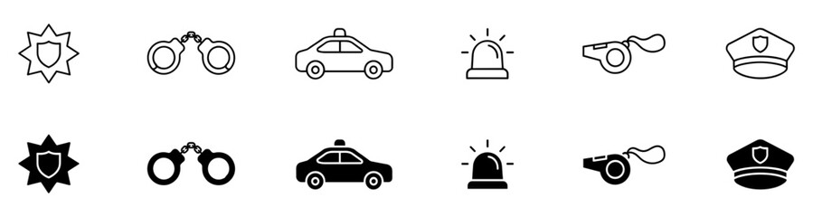 Police and law enforcement icon set in line and solid style. Police badge, handcuffs, patrol car, siren light, whistle and police cap. 12 vector icons. © Caravan Pixel