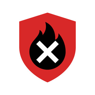 Red shield icon with a black flame and a white cross symbol for fire protection and safety sign Vector