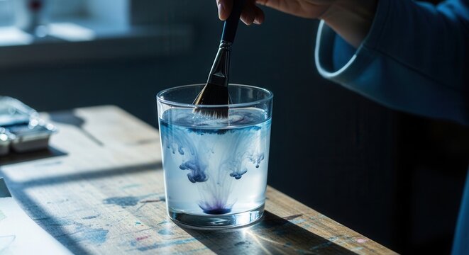 Artist Prepares Watercolor Paint In Glass Of Clear Water With Paintbrush