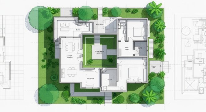 Architectural Blueprint Of A Modern House With Lush Green Landscape Design
