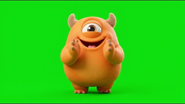 Cute 3D Orange Cyclops Monster Clapping on Green Screen Background.