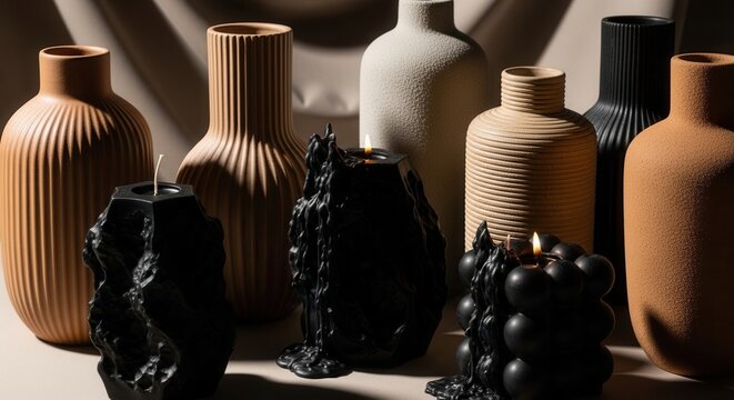 Artistic Black Candles And Textured Ceramic Vases Displayed Together