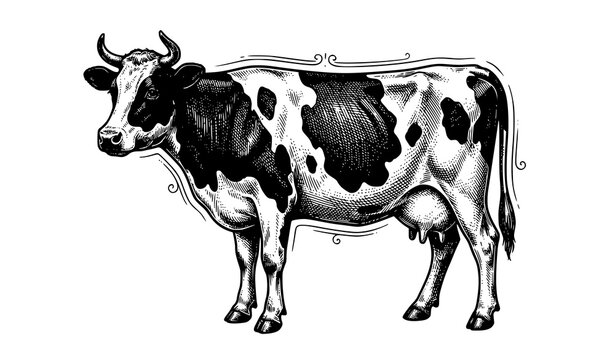 Hand Drawn Dairy Cow Vintage Engraving Style Black and White Vector Illustration