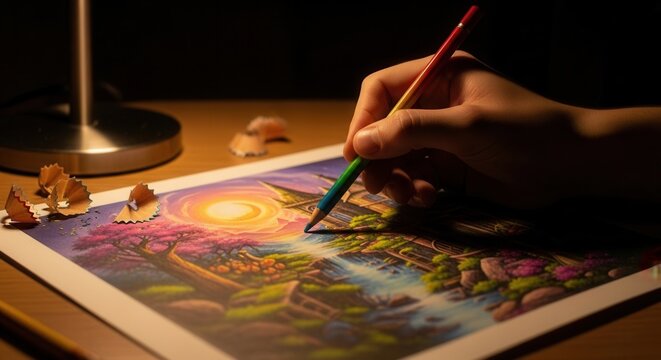 Artistic Creation In Progress With A Rainbow Colored Pencil