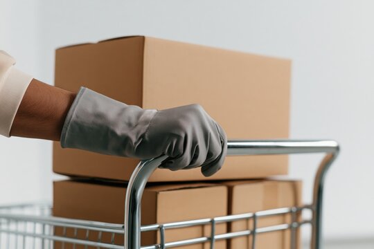 Courier Worker Moving Cardboard Packages with Hand Truck for Delivery Service