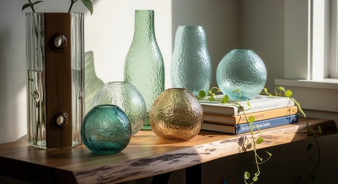 Artistic Glass Vases Collection With Natural Wood Accent Shelf Decor